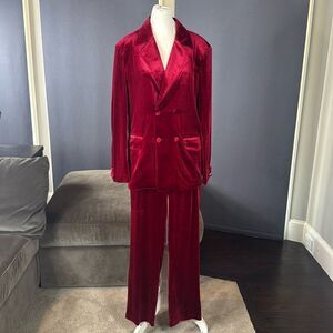 Women’s Deep Red Double Breasted Velvet 2 Piece Pant Suit Peak Lapel Size M